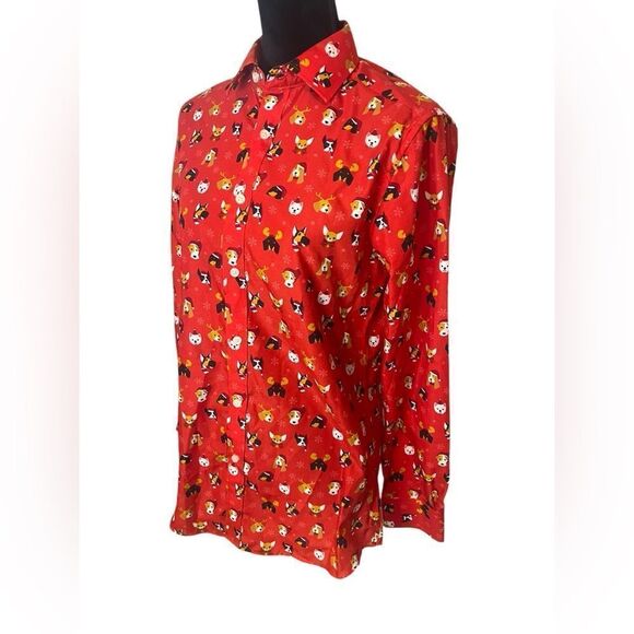 SIMON BANKS CHRISTMAS FESTIVE HOLIDAY PARTY SANTA CLAUS DOG BUTTON UP MENS SMALL - Picture 6 of 9